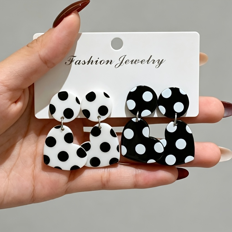 2pc Heart Polka Dot Earrings Set, Fun & Fashionable